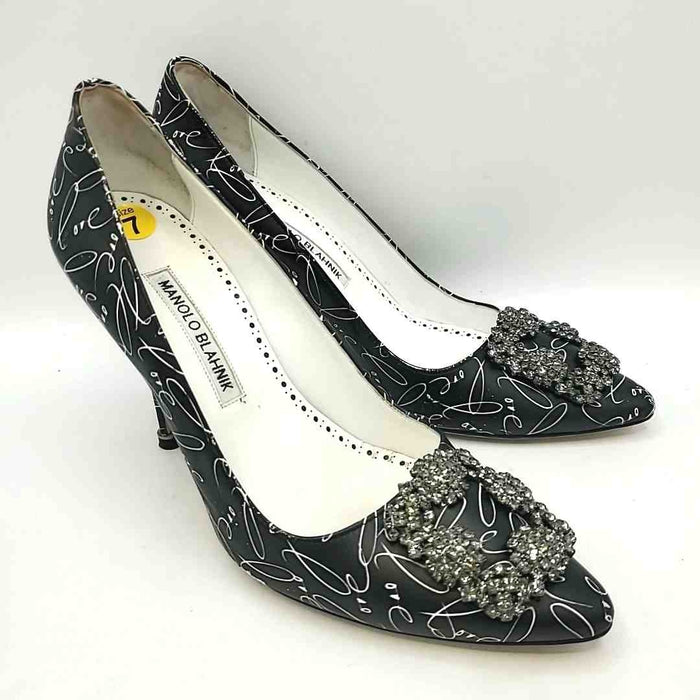 MANOLO BLAHNIK Black & White Pewter Pointed Toe Made in Italy Print Heels Shoes