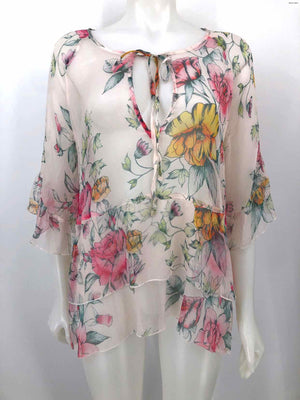 JOHNNY WAS White Yellow Multi Silk Floral Sheer Size LARGE  (L) Top