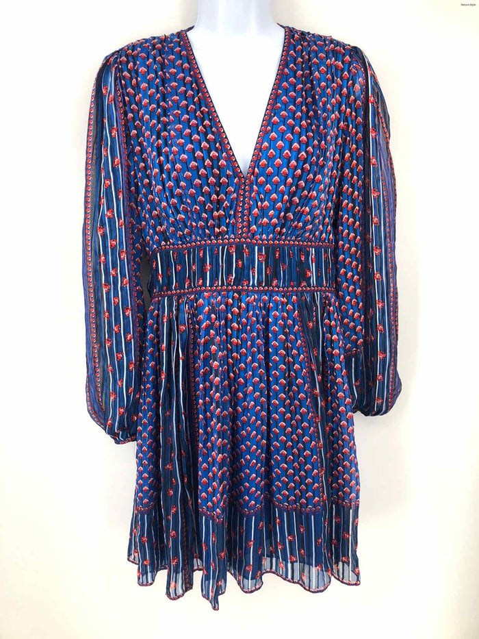 ULLA JOHNSON Blue Red Multi Silk Print Longsleeve Size 10  (M) Dress