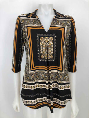 JOSEPH RIBKOFF Black & White Yellow Print 3/4 Sleeve Size 8  (M) Top