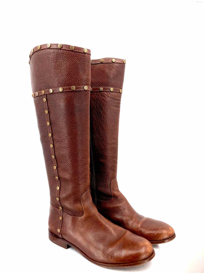 TORY BURCH Brown Gold Pebbled Leather Studded Knee High Shoe Size 8-1/2 Boots