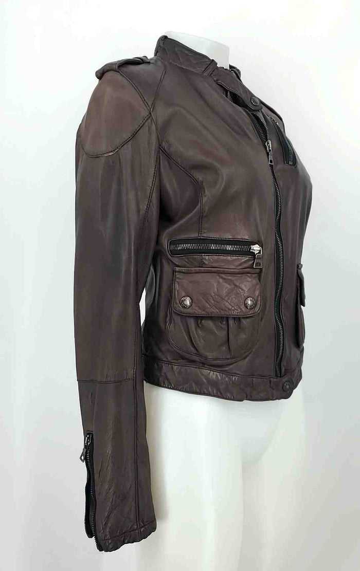 PRADA Chocolate Brown Black Leather Zip Up Moto Women Size SMALL (S) Jacket