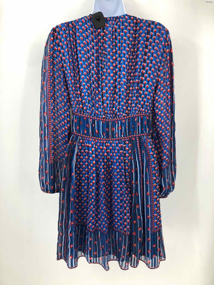 ULLA JOHNSON Blue Red Multi Silk Print Longsleeve Size 10  (M) Dress