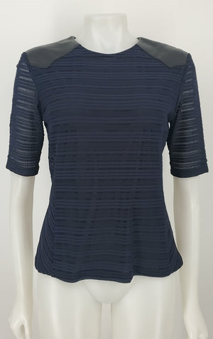 RAG & BONE Navy Black Leather Trim Short Sleeves Size LARGE  (L) Top