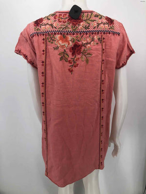 JOHNNY WAS Pink Green Multi Linen Embroidered Short Sleeves Size LARGE  (L) Top