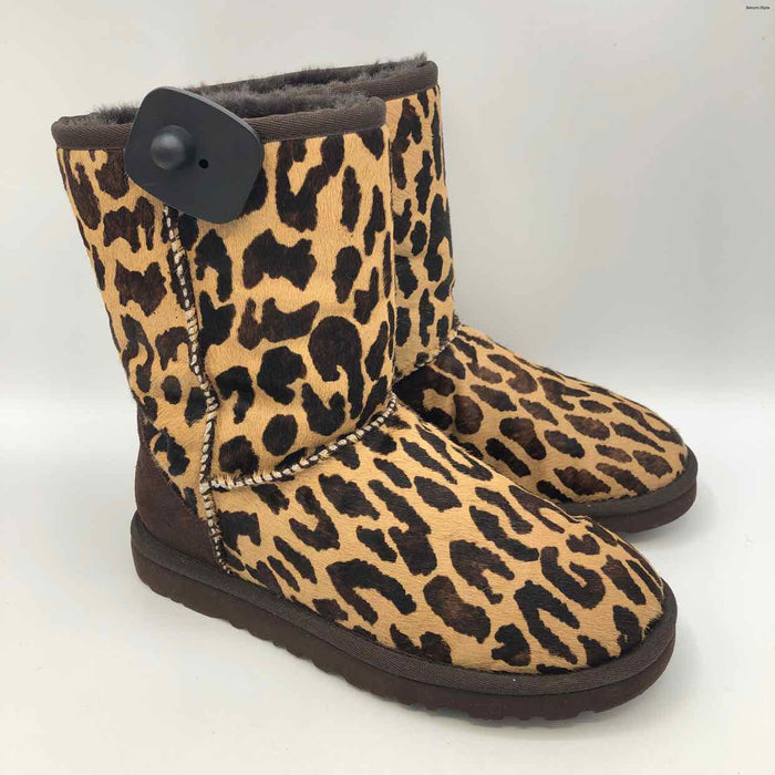 UGG Brown Tan Fur Leather Leopard Ankle Boot Shoe Size 5 Boots