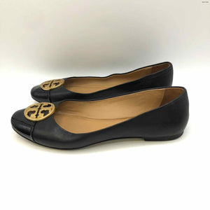 TORY BURCH Black Gold Patent Leather Logo Ballet Flat Shoe Size 6-1/2 Shoes