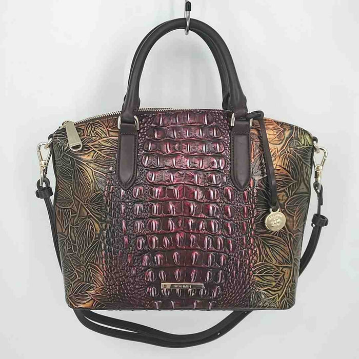 BRAHMIN Burgundy Black & Gold Leather Mock Croc Satchel Purse