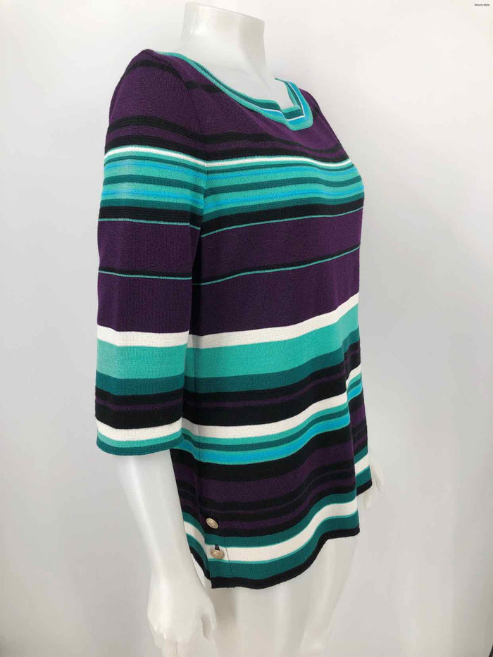 ST. JOHN Purple Multi Green Wool Blend Stripe 3/4 Sleeve Size MEDIUM (M) Sweater