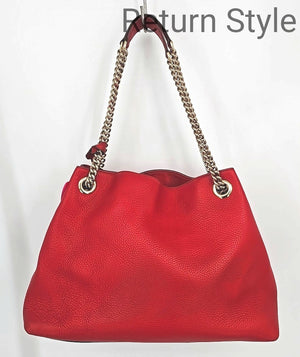 GUCCI Red Goldtone Pebbled Leather Pre Loved Chain Trim Tote 15" 5" 9.5" Purse