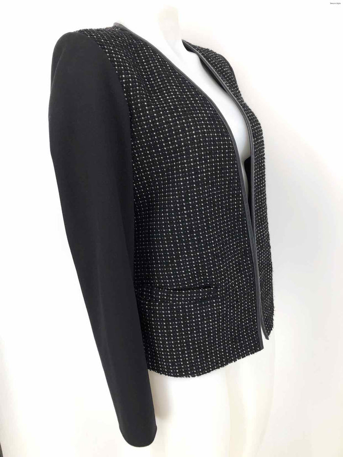 THEORY Black White Leather Trim Tweed Blazer Women Size 6  (S) Jacket