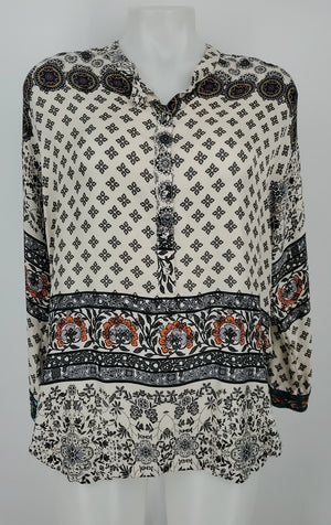 JOHNNY WAS White Gray Multi Silk Print Longsleeve Size X-SMALL Top