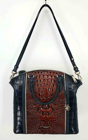 BRAHMIN Navy Brown Gold Leather Has Tag Mock Croc Satchel Purse