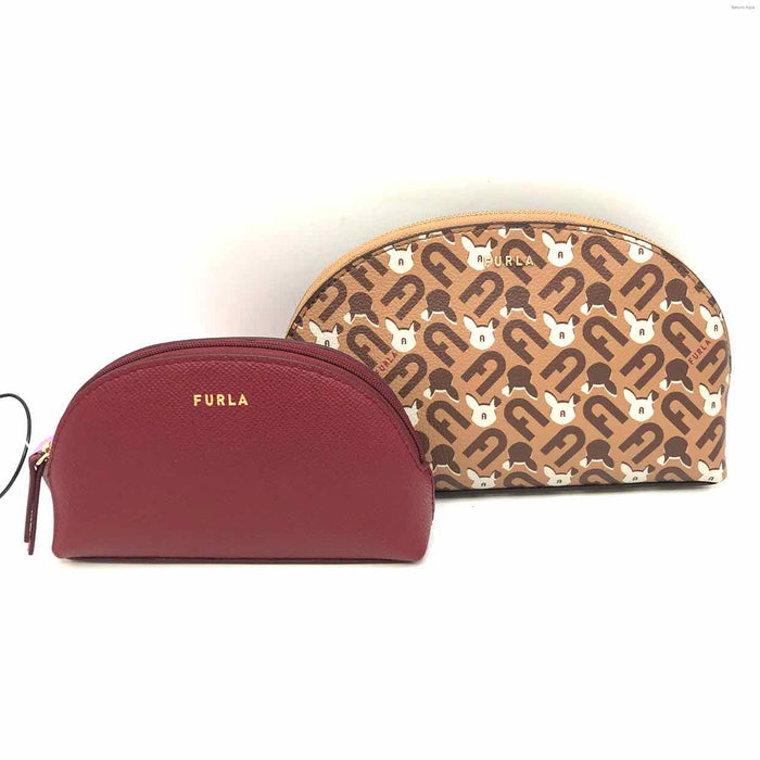 FURLA Tan White Multi Leather Pre Loved 2 PC SET Pouch