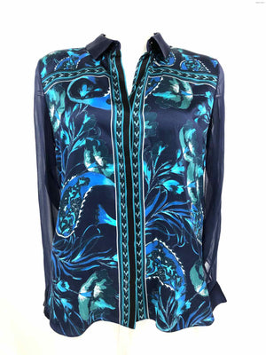 TAHARI Blue Turquoise Silk Print Button Up Size SMALL (S) Top