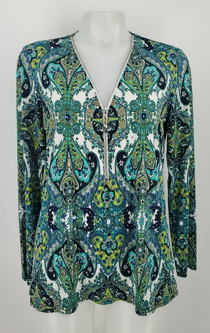 JOSEPH RIBKOFF Green Blue Multi Print Longsleeve Size 10  (M) Top