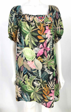 JOHNNY WAS Green Pink Multi Ramie Print Short Sleeves Size X-LARGE Dress