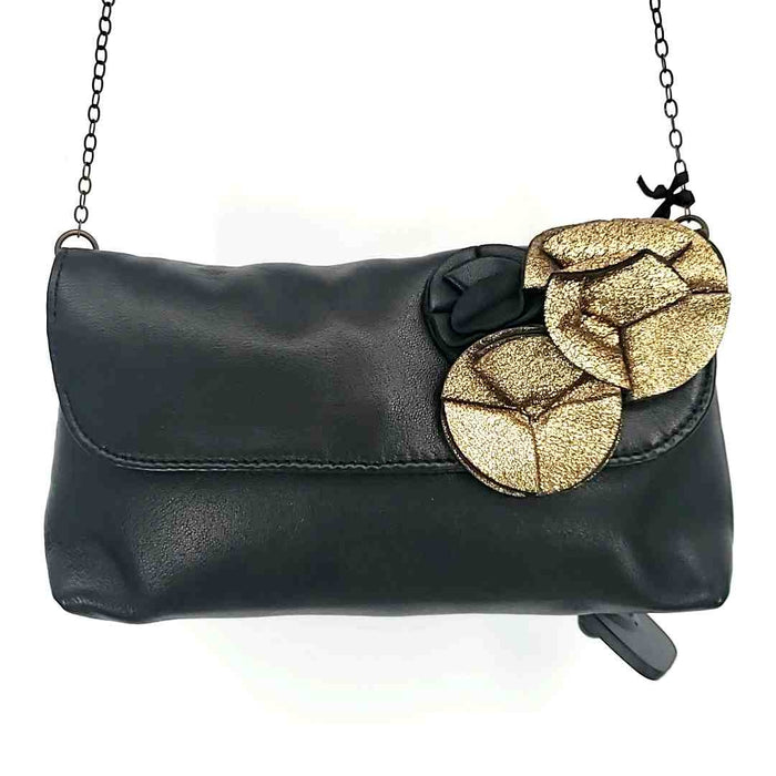 JOHANNA BRAITBART Black Goldtone Leather Has tag! Flower Evening Crossbody Purse