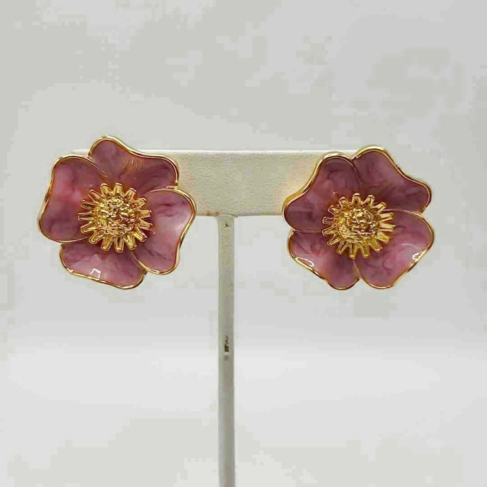 BAUER Goldtone Pink Enamel Vintage Flower Earrings