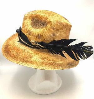 GRAND CENTRAL FASHION Tan Beige & Black Straw Feather Pre Loved AS IS Hat