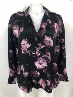 VINCE Black Purple Silk Floral V-Neck Size SMALL (S) Top