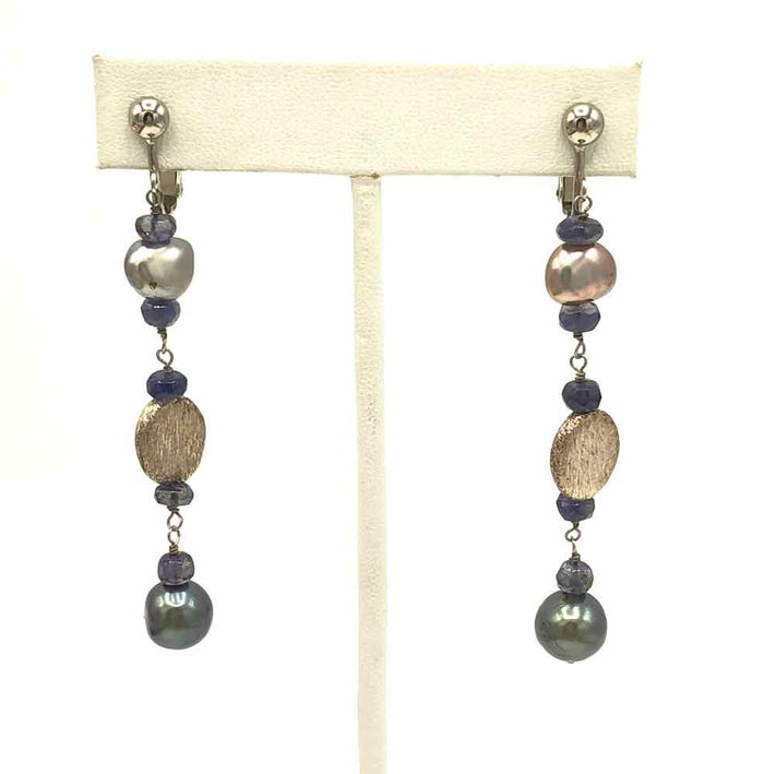 Pearl Iolite Dangle Clip Ons