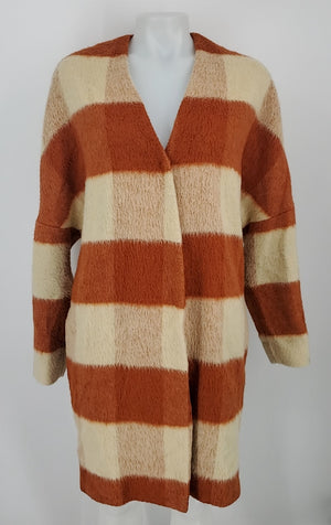 MAISON SCOTCH Orange Beige Wool Blend Plaid Overcoat Women Size 3/4  (S) Jacket