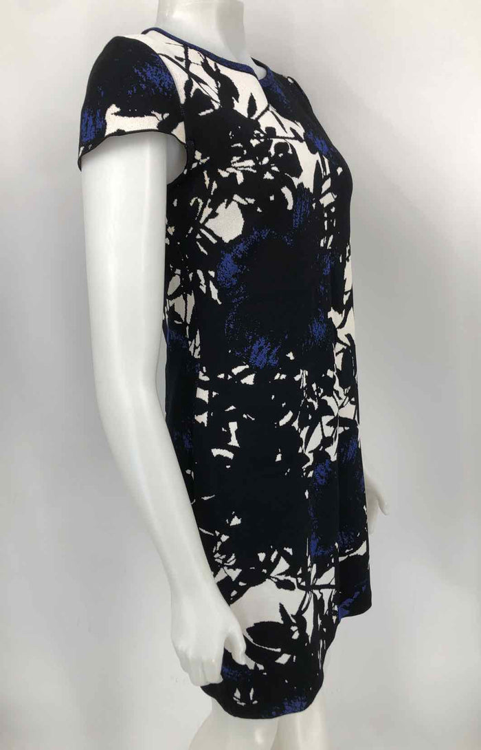 ST. JOHN Black & Tan Royal Blue Knit Floral Print Cap Sleeve Size 4  (S) Dress