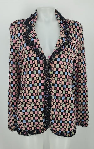 BRENDA FRENCH Black Pink Multi Knit Print Blazer Women Size MEDIUM (M) Jacket