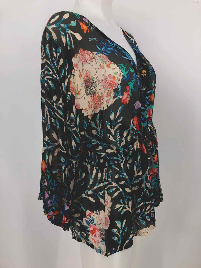 JOHNNY WAS Black Blue Multi Silk Floral Print 3/4 Sleeve Size SMALL (S) Top