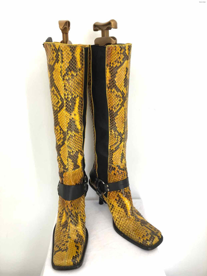 DOLCE & GABBANA Yellow Black Leather Heels Made in Italy Reptile 3"Heel Boots