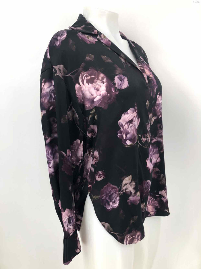 VINCE Black Purple Silk Floral V-Neck Size SMALL (S) Top