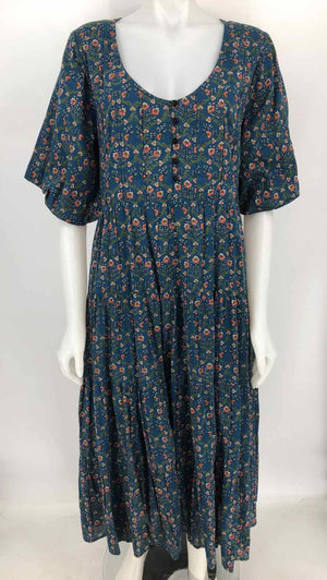 ROLLER RABBIT Blue Green Multi Cotton Floral Print Short Sleeves Dress