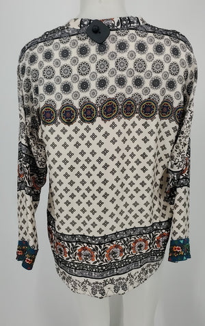 JOHNNY WAS White Gray Multi Silk Print Longsleeve Size X-SMALL Top