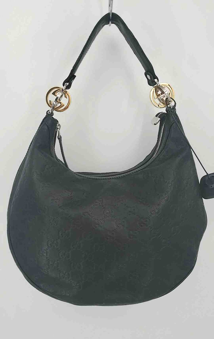 GUCCI Black Goldtone Silvertone Leather Pre Loved Monogram Hobo Purse