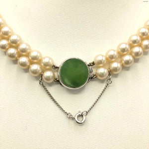 White Green Sterling Silver "Pearl" Double Strand 16" ss Necklace