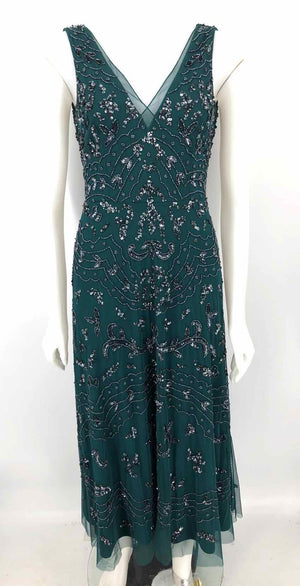 ADRIANNA PAPELL Teal Gunmetal Sequin Trim Maxi Length Size 0  (XS) Dress