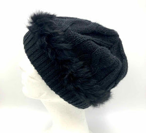 NILS Black Merino Wool & Cashmere Fur Pre Loved Pom Pom Beanie Hat