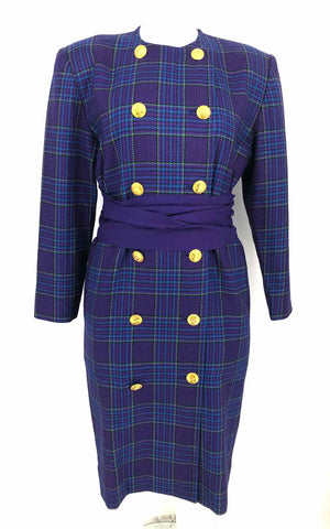 CELINE Purple Green Houndstooth Double Breasted Size MEDIUM (M) Dress