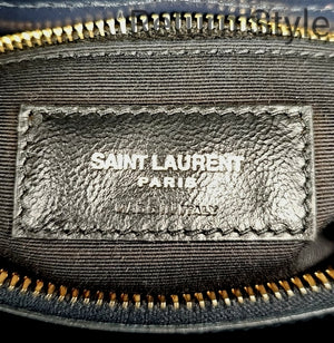 YSL - YVES ST LAURENT Navy Gold Leather Quilted Chain Trim Adjustable 12" Purse