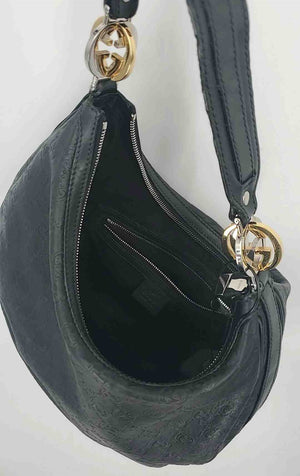 GUCCI Black Goldtone Silvertone Leather Pre Loved Monogram Hobo Purse