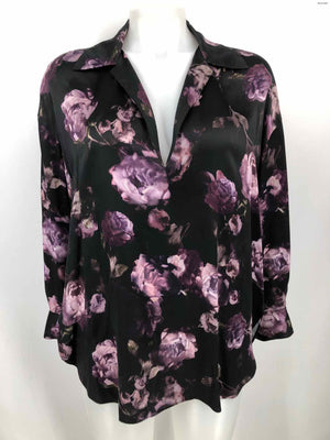 VINCE Black Purple Silk Floral Pullover Size X-LARGE Top