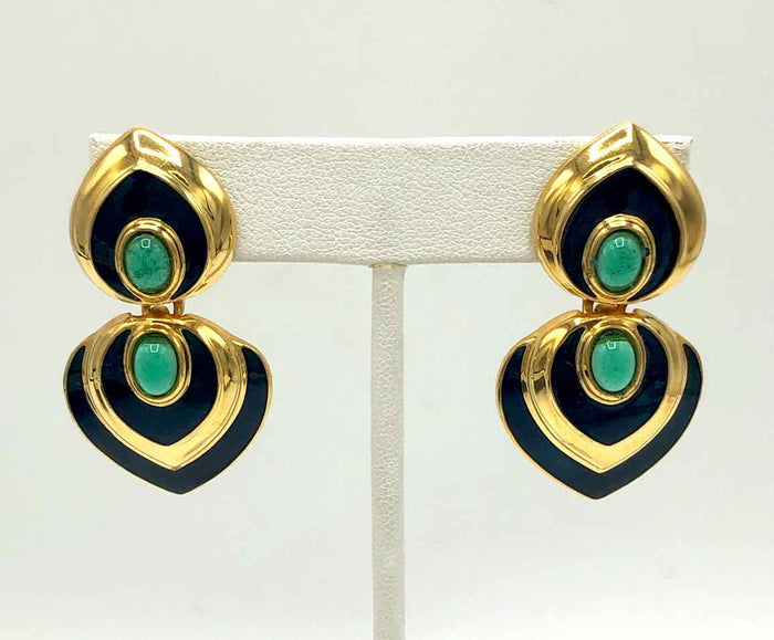 Goldtone Green Enamel Vintage Earrings