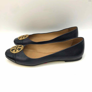 TORY BURCH Navy Gold Patent Leather Logo Ballet Flat Shoe Size 6-1/2 Shoes