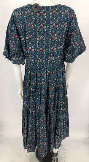 ROLLER RABBIT Blue Green Multi Cotton Floral Print Short Sleeves Dress