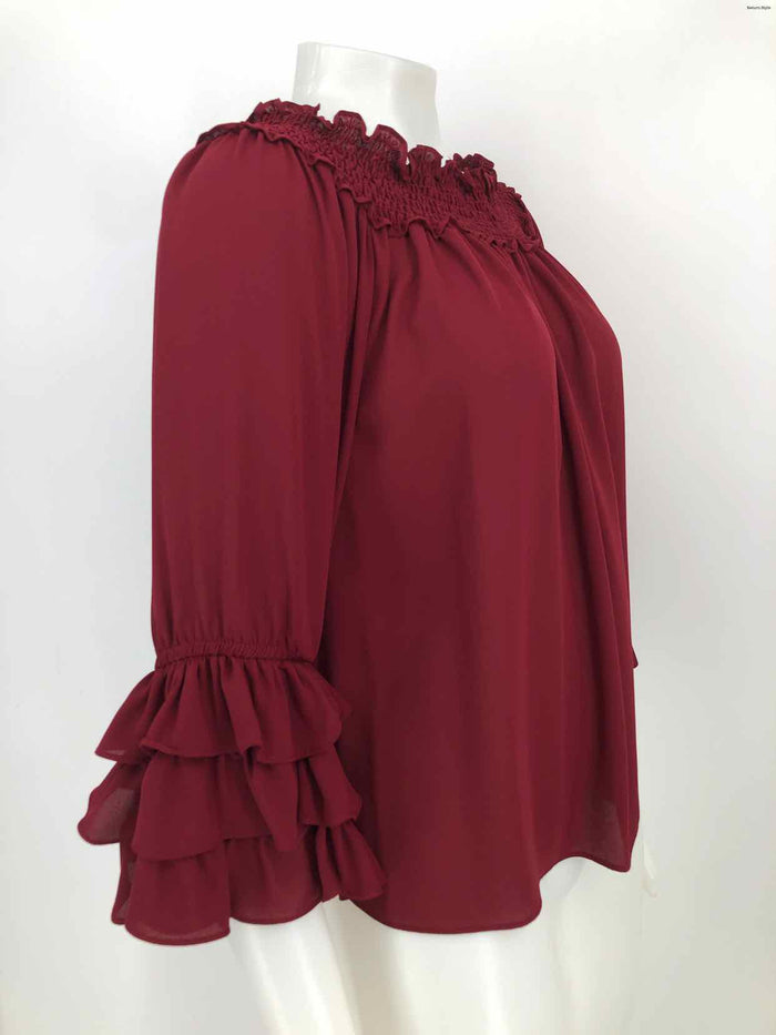 JOSEPH RIBKOFF Burgundy Ruffle Trim 3/4 Sleeve Size 8  (M) Top