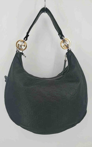 GUCCI Black Goldtone Silvertone Leather Pre Loved Monogram Hobo Purse