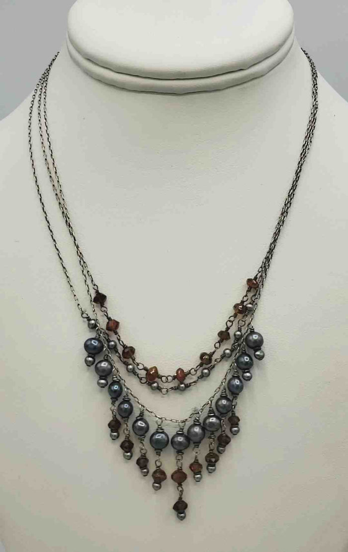 Orange Gray Pearl Sterling Silver Crystal beaded ss Necklace