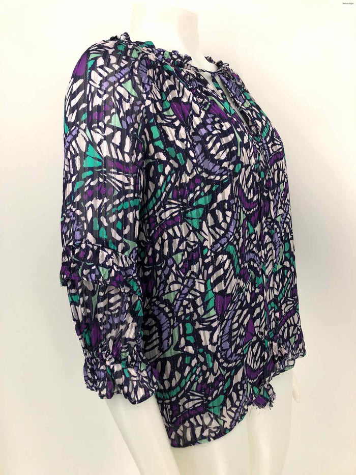 RAMY BROOK Navy & White Green Print Blouse Size Petite (S) Top