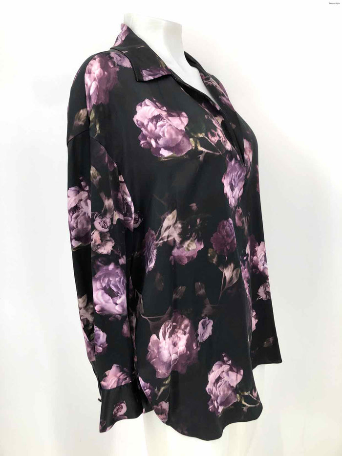 VINCE Black Purple Silk Floral Pullover Size X-LARGE Top